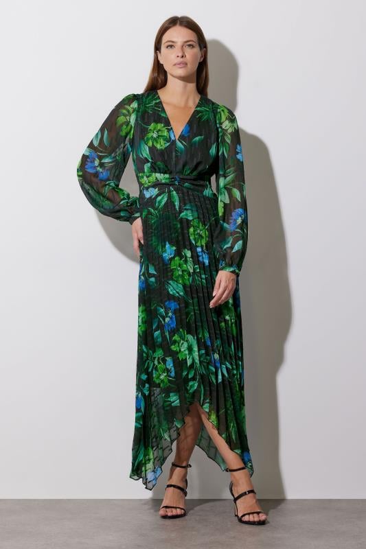 Evans STAR Black & Green Leaf Print Pleated Dress