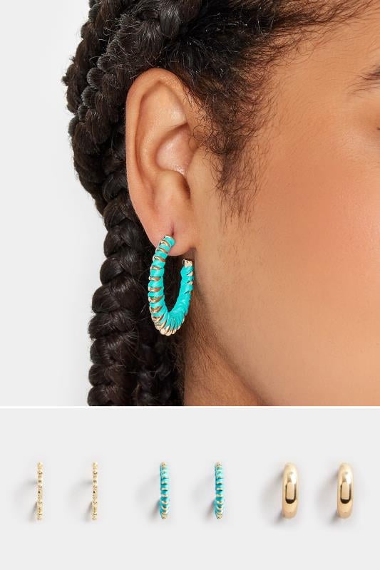 Evans Yours 3 PACK Gold Tone Teal Hoop Earrings