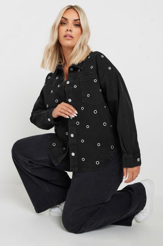 evans YOURS Curve Black Eyelet Denim Jacket