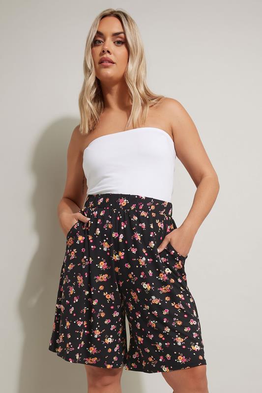 Evans YOURS Curve Black Floral Print Jersey Shorts