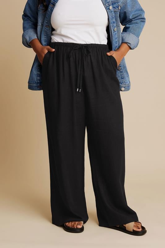 Evans YOURS Curve Black Linen Tie Front Trousers