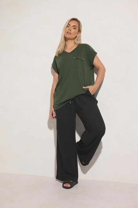 evans YOURS Curve Black Linen Tie Front Trousers