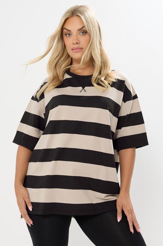 Evans YOURS Curve Black Stripe Heavyweight T-Shirt