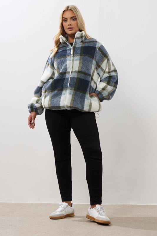 Evans YOURS Curve Blue Check Fleece Jacket