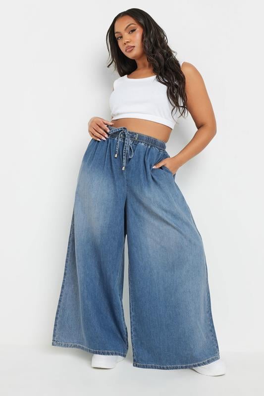 Evans YOURS Curve Blue Palazzo Leg Tie Waist Jeans