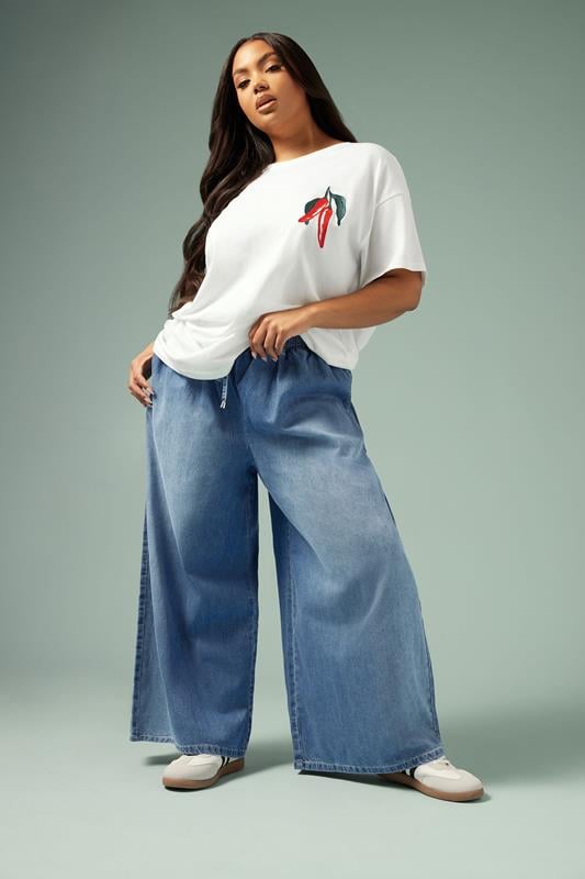 evans YOURS Curve Blue Palazzo Leg Tie Waist Jeans
