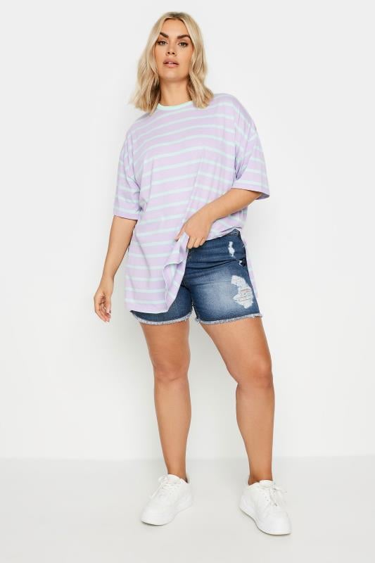 Evans YOURS Curve Blue Ripped Stretch Denim Shorts
