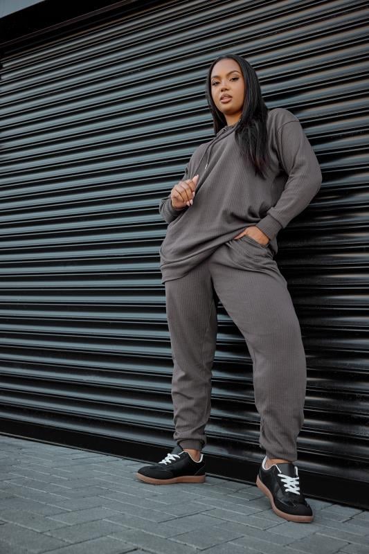evans YOURS Curve Charcoal Grey Ribbed Joggers