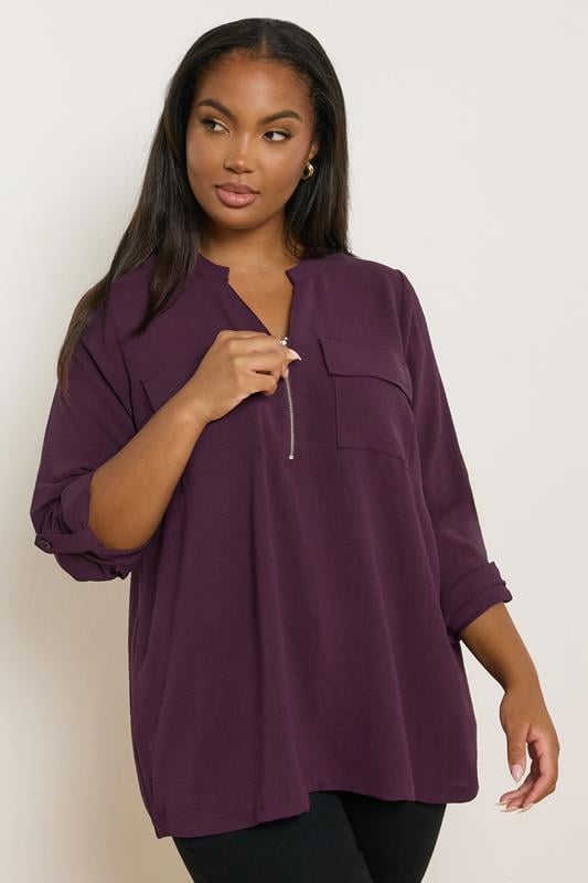 evans YOURS Curve Dark Red Zip Neck Blouse