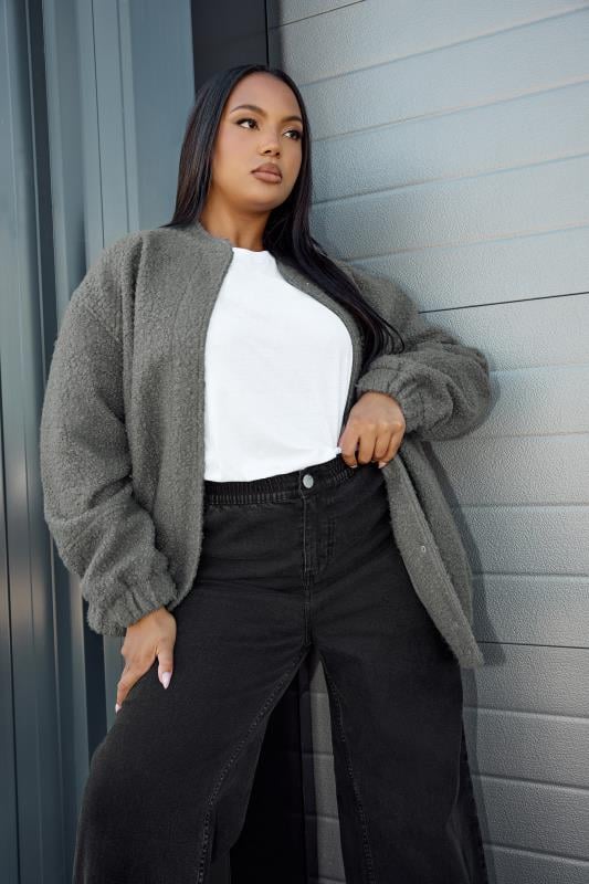 evans YOURS Curve Grey Boucle Bomber Jacket
