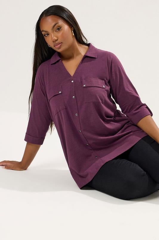 evans YOURS Curve Purple Jersey Placket Shirt