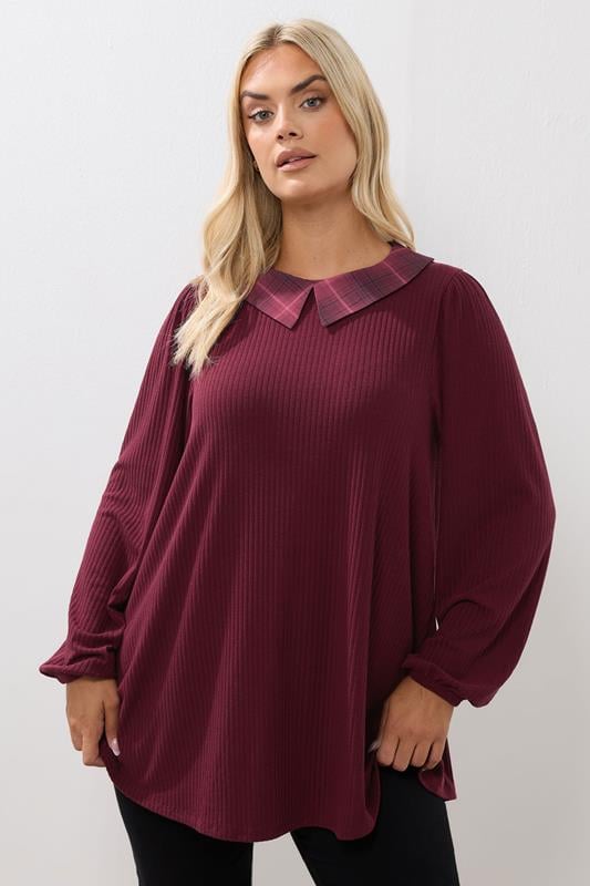 evans YOURS Curve Red Check Collar Ribbed Top