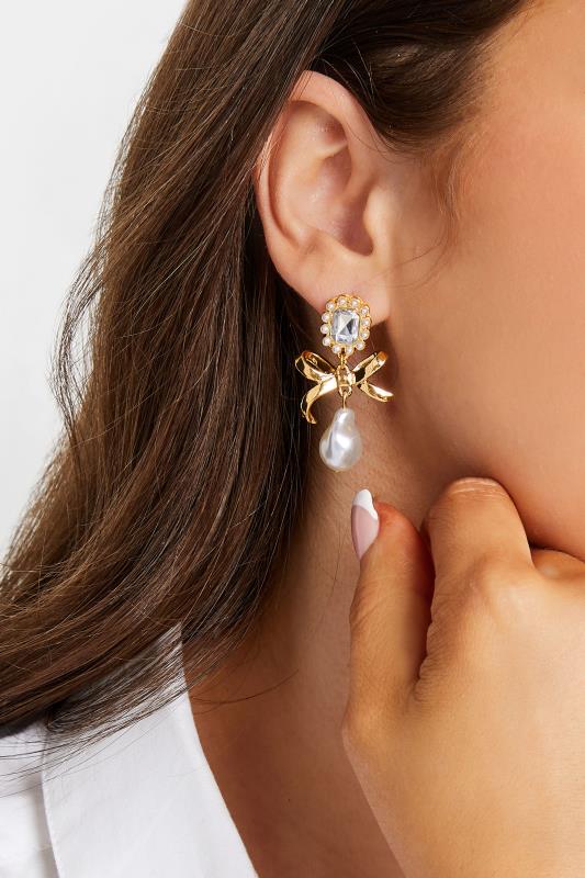 evans Yours Gold Bow Pearl Drop Earrings