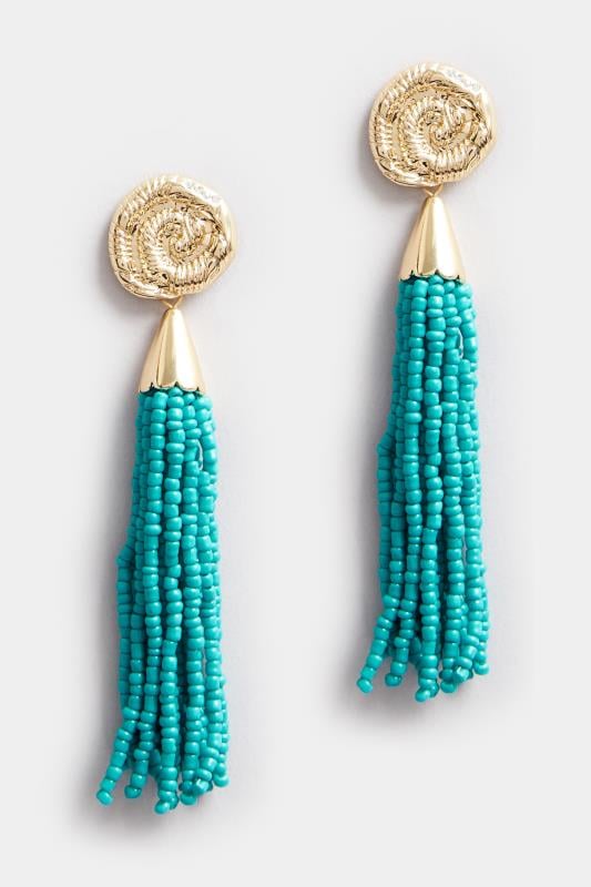 Evans Yours Gold Tone Teal Beaded Tassel Earrings