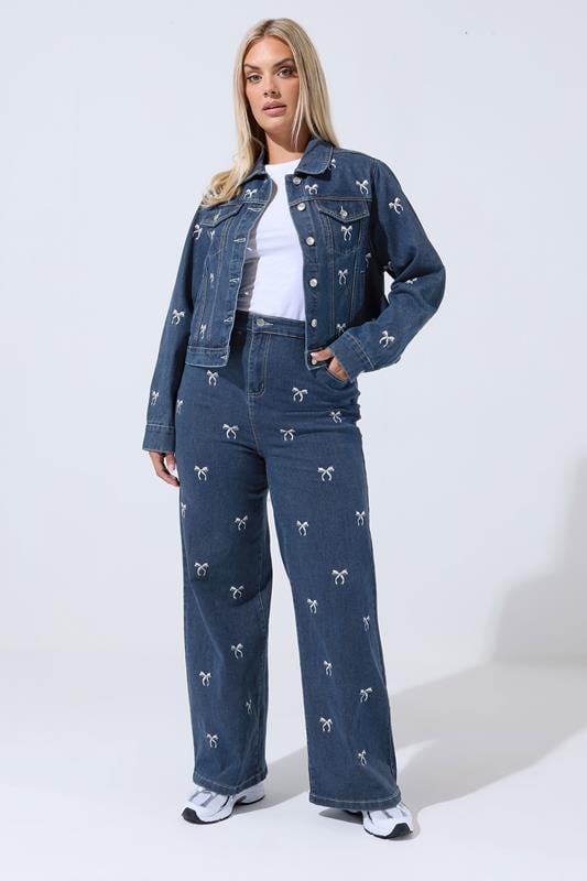 Evans LIMITED COLLECTION Curve Blue Bow Embroidered Wide Leg Jeans