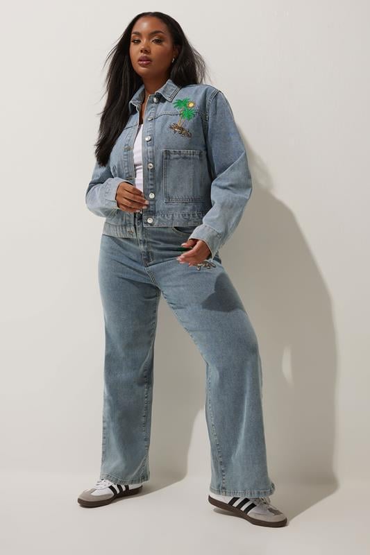 Evans LIMITED COLLECTION Curve Blue Denim Palm Tree Embroidered Jacket