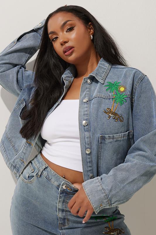 Evans LIMITED COLLECTION Curve Blue Denim Palm Tree Embroidered Jacket