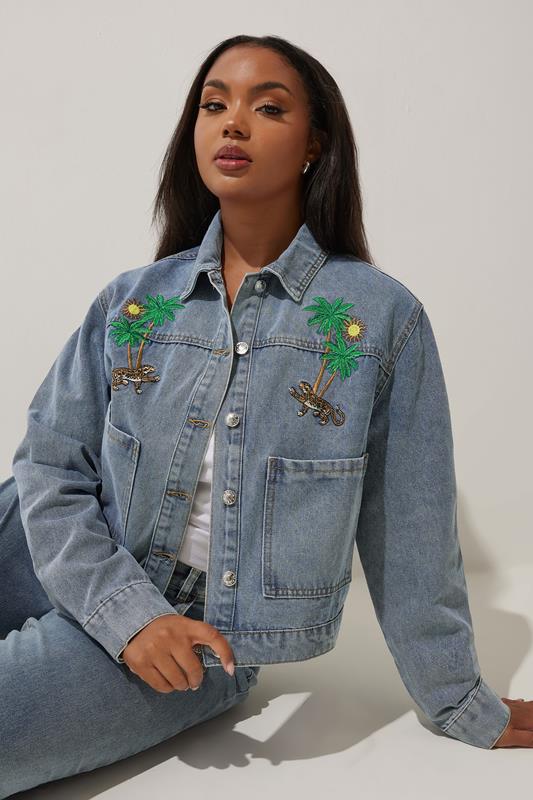 evans LIMITED COLLECTION Curve Blue Denim Palm Tree Embroidered Jacket