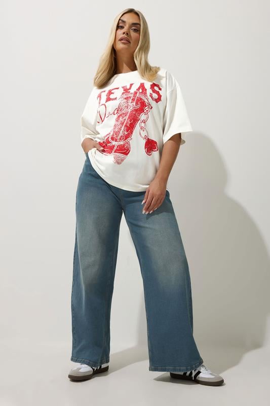 Evans LIMITED COLLECTION Curve Mid Blue Washed Wide Leg Jeans