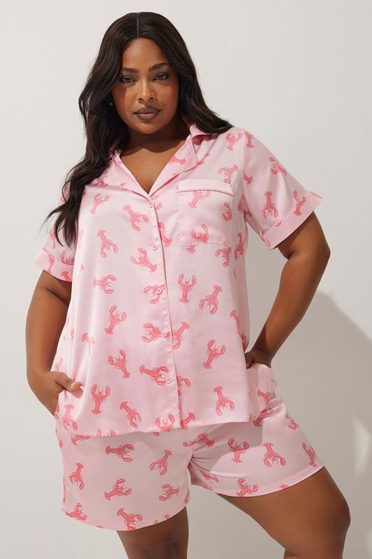 Evans LIMITED COLLECTION Curve Pink Lobster Print Satin Pyjama Set