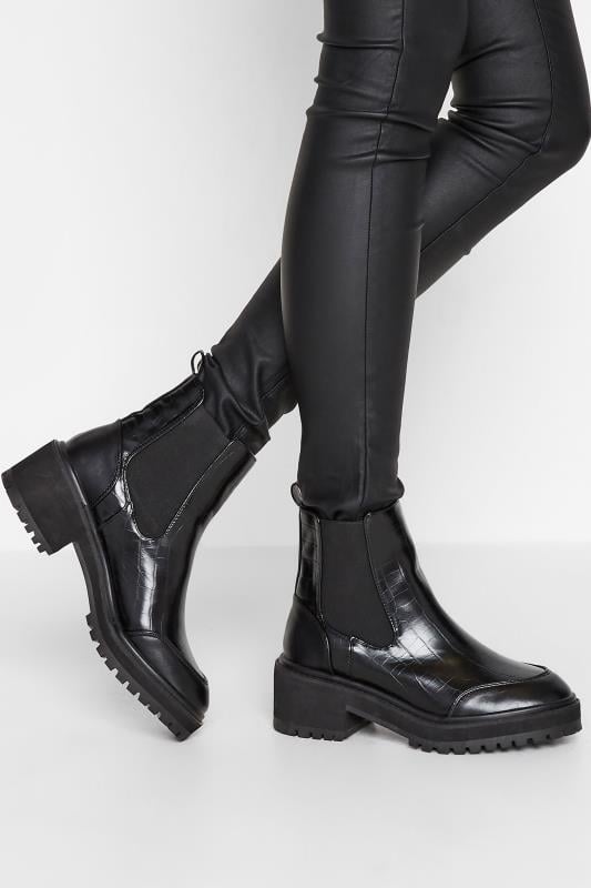 evans LTS Black Chunky Chelsea Croc Heel Boot In Standard Fit