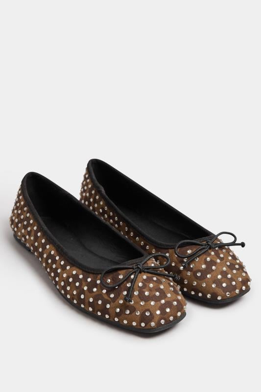 Evans LTS Brown Leopard Print Faux Suede Diamante Ballerina Pumps In Standard Fit
