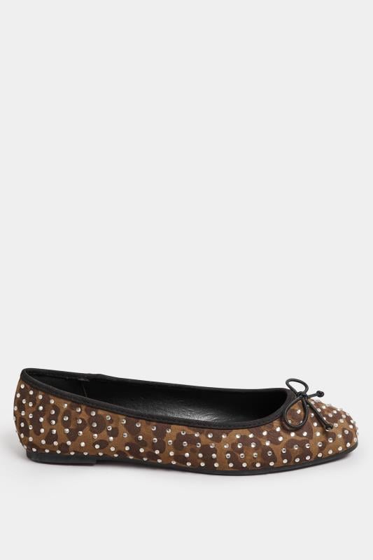 Evans LTS Brown Leopard Print Faux Suede Diamante Ballerina Pumps In Standard Fit