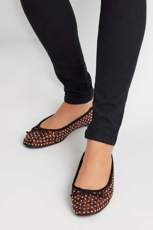 evans LTS Brown Leopard Print Faux Suede Diamante Ballerina Pumps In Standard Fit