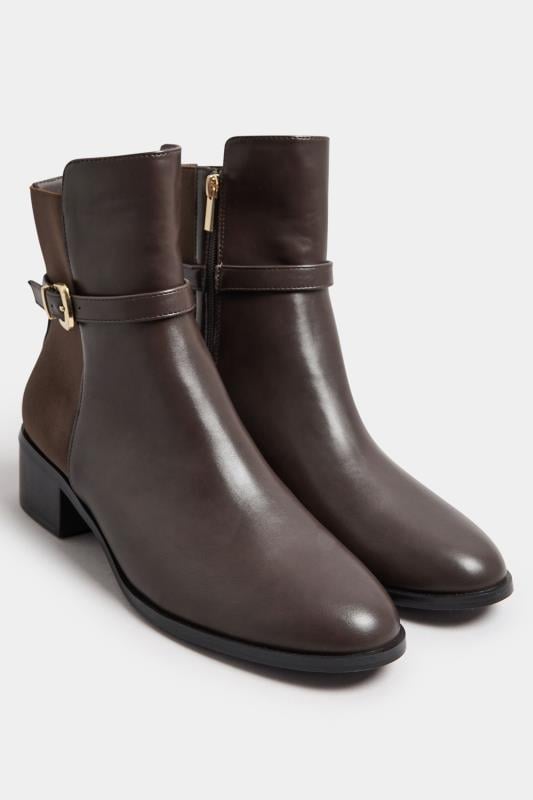 Evans LTS Chocolate Brown Block Heel Buckle Ankle Boots In Standard Fit
