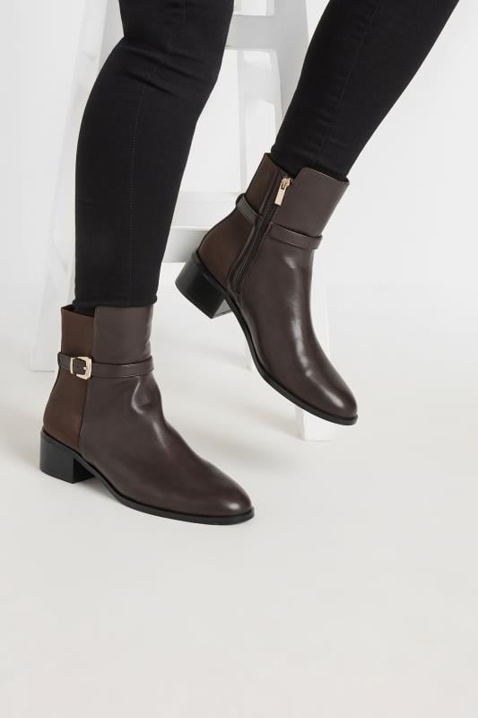 Evans LTS Chocolate Brown Block Heel Buckle Ankle Boots In Standard Fit