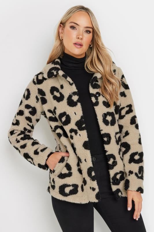 evans LTS Tall Beige Brown Animal Print Teddy Fleece Jacket