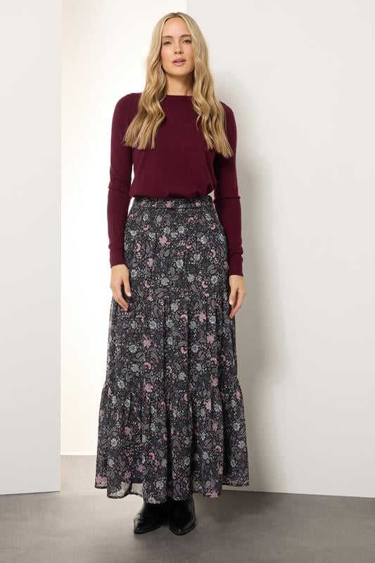 Evans LTS Tall Black Chiffon Paisley Tiered Maxi Skirt
