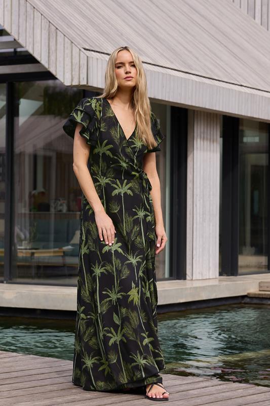 evans LTS Tall Black Tropical Palm Frill Sleeve Maxi Dress