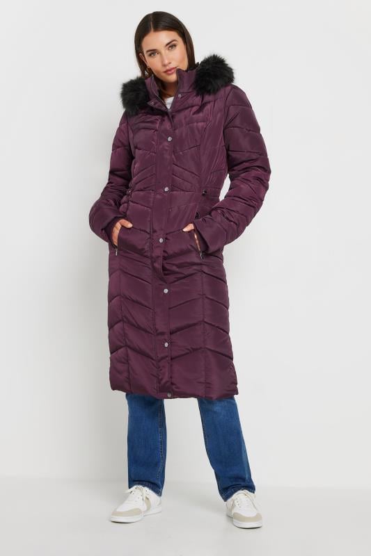 Evans LTS Tall Burgundy Red Faux Fur Trim Padded Longline Coat