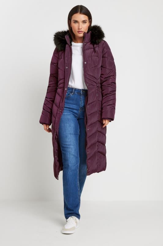 Evans LTS Tall Burgundy Red Faux Fur Trim Padded Longline Coat