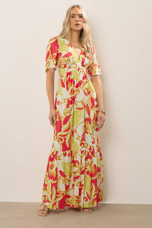 evans LTS Tall Coral Red Abstract Palm Flutter Maxi Dress