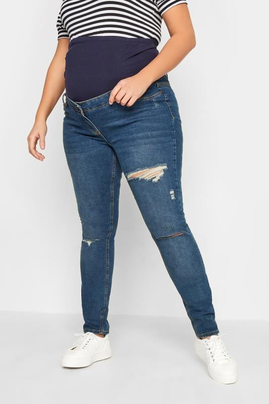 evans LTS Tall Maternity Mid Blue Distressed AVA Stretch Skinny Jeans