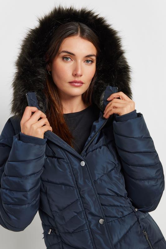 Evans LTS Tall Navy Blue Faux Fur Trim Padded Longline Coat
