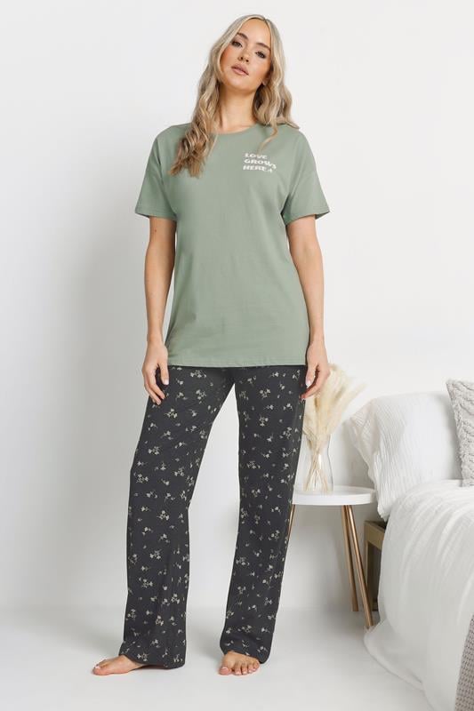 Evans LTS Tall Sage Green Floral 'Love Grows Here' Slogan Pyjama Set