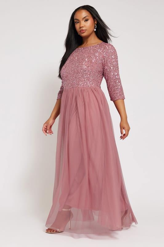Evans LUXE Curve Dark Pink Sequin Hand Embellished Maxi Dress