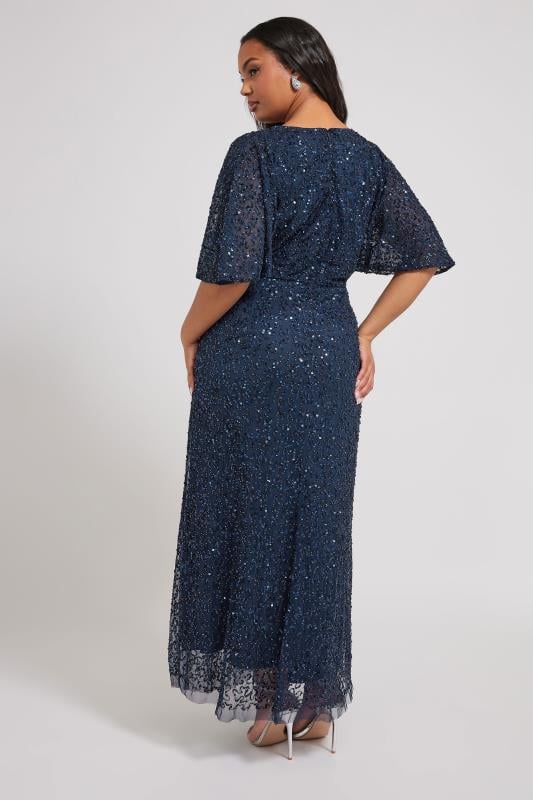 Evans LUXE Curve Navy Blue Hand Embellished V-Neck Maxi Dress