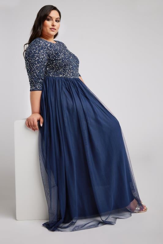Evans LUXE Curve Navy Blue Sequin Hand Embellished Maxi Dress