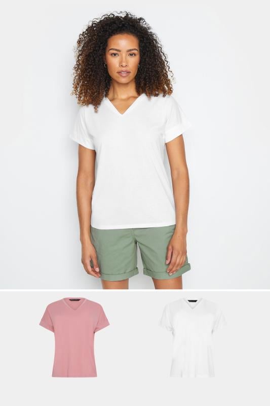 Evans M&Co 2 PACK Pink & White Cotton V-Neck T-Shirts