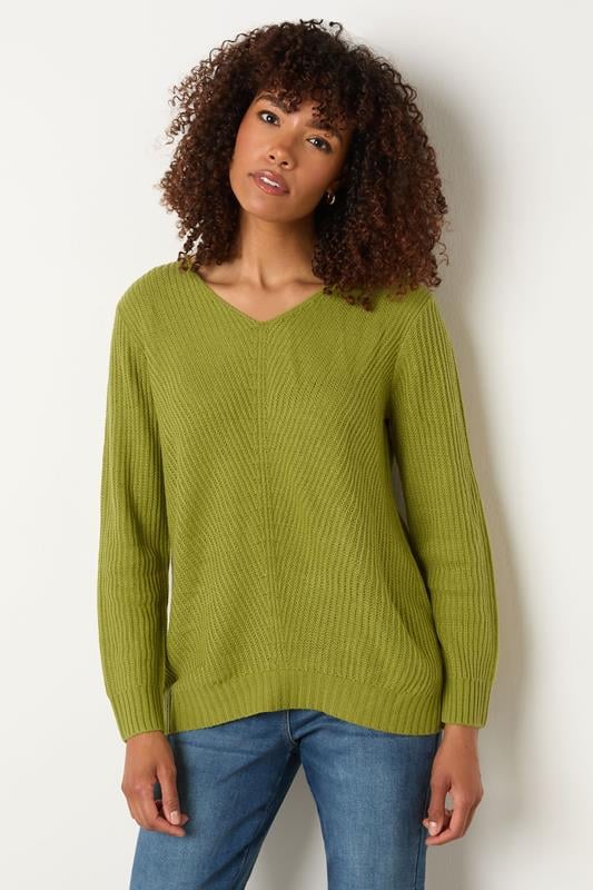 Evans M&Co Fern Green V-Neck Long Sleeve Knitted Jumper