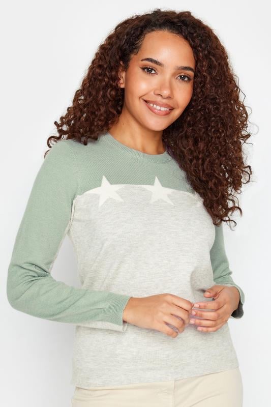 Evans M&Co Grey & Green Contrast Sleeve Star Print Jumper