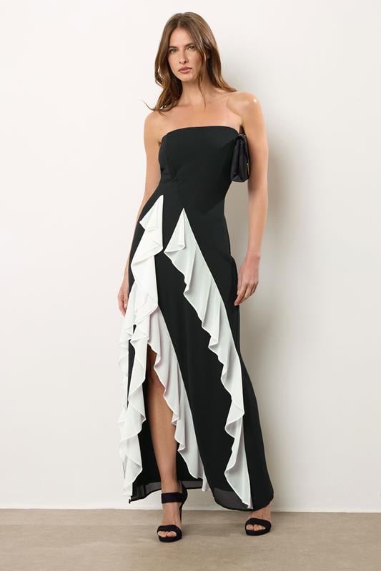 evans STAR Black Bandeau Contrast Ruffle Maxi Dress