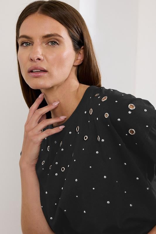 Evans STAR Black Eyelet Detail Short Sleeve T-Shirt