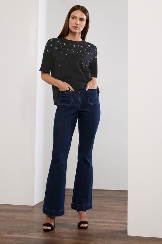 Evans STAR Black Eyelet Detail Short Sleeve T-Shirt