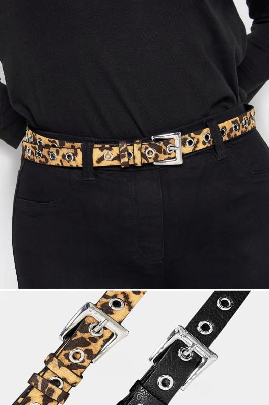 Evans Yours 2 PACK Black & Beige Brown Animal Print Eyelet Detail Belts