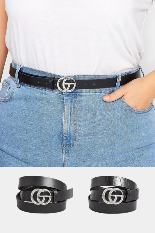 Evans Yours 2 PACK Black & Croc Print Initial Logo Belts